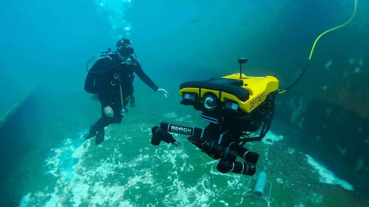 The Reach X-AIS integrated on a VideoRay Defender ROV, during field-demonstrations to defence in 2023.