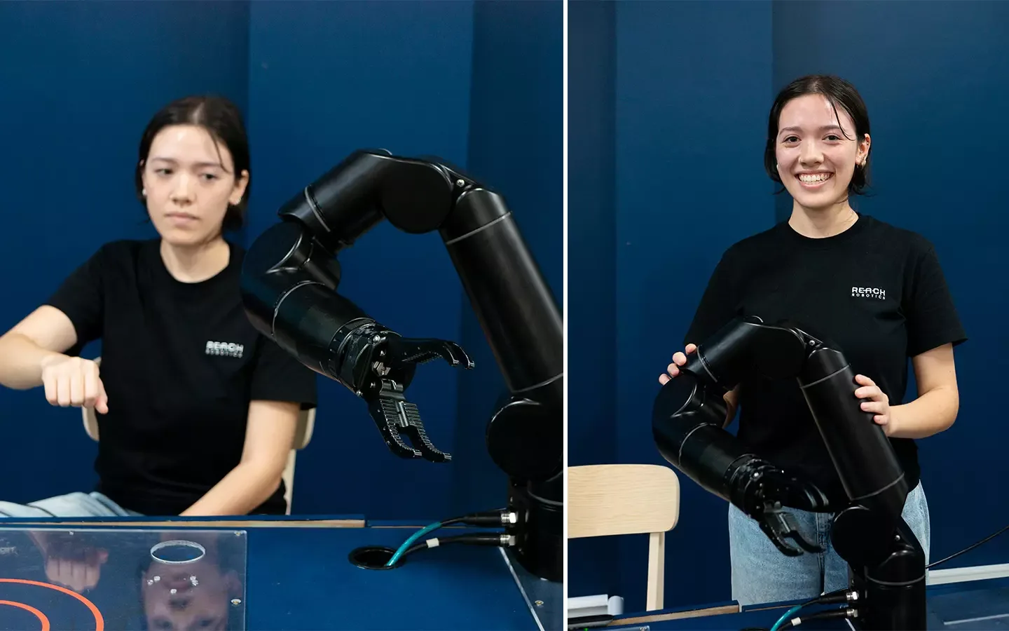 Katrina Marshall demonstrating her hand-tracking camera set up with a Bravo 7 manipulator