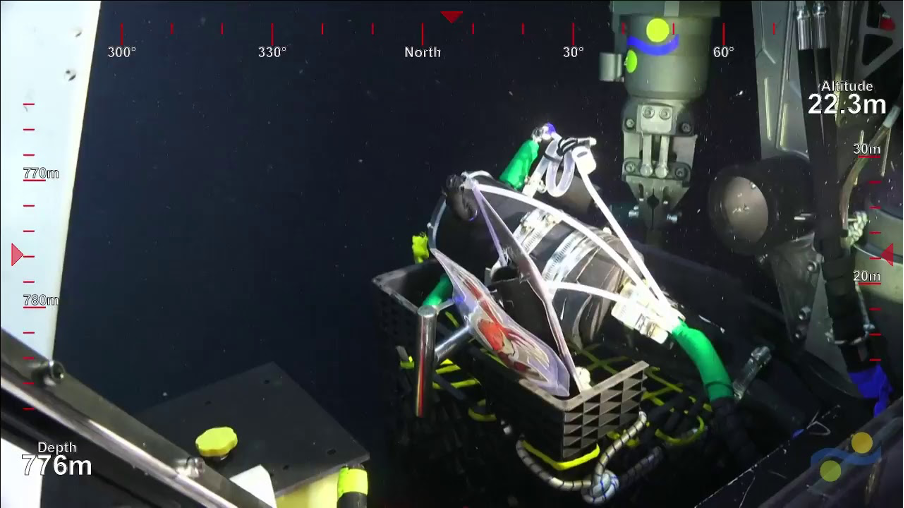 One of the auxiliary cameras on the ROV SuBastian provides an additional perspective of the ROV workspace.
